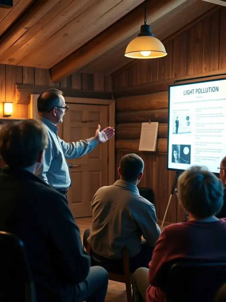 A photograph of a person giving a presentation about light pollution to a group of community members in a rural town hall, emphasizing education and awareness.