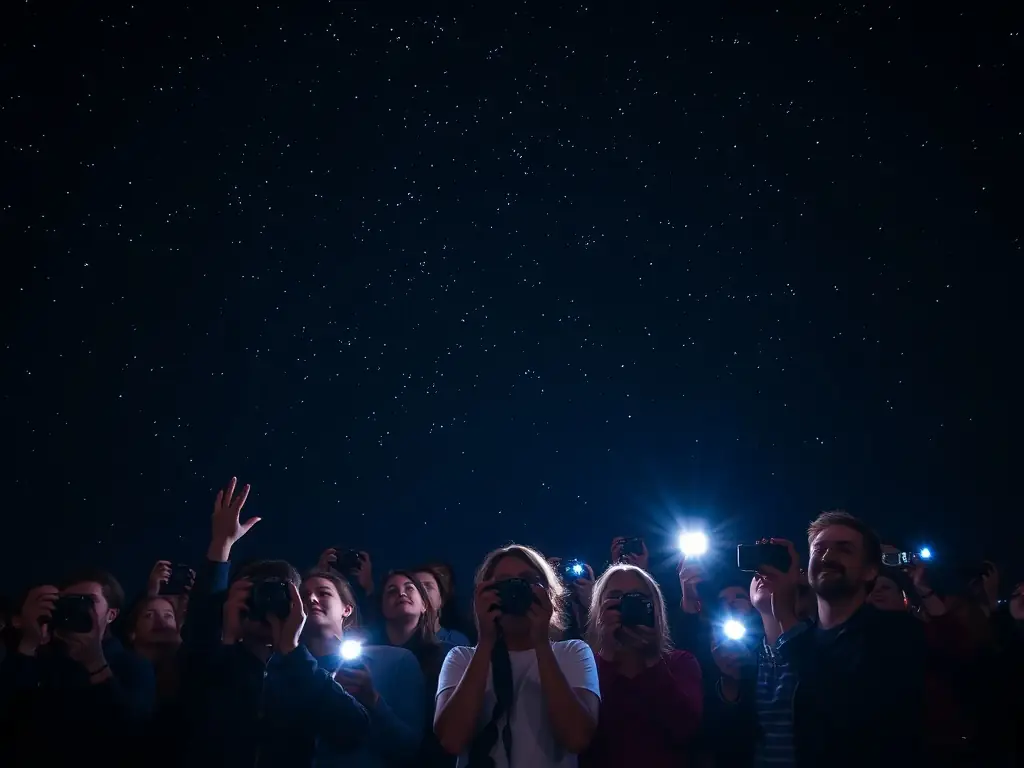 A group of community members participating in a stargazing event organized by Dark Sky France, highlighting the organization's commitment to community engagement and education.