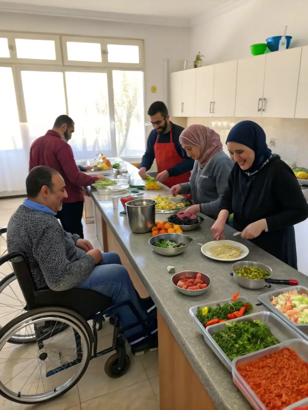 A photo showing participants in a cooking class, learning to prepare healthy meals and develop independent living skills.