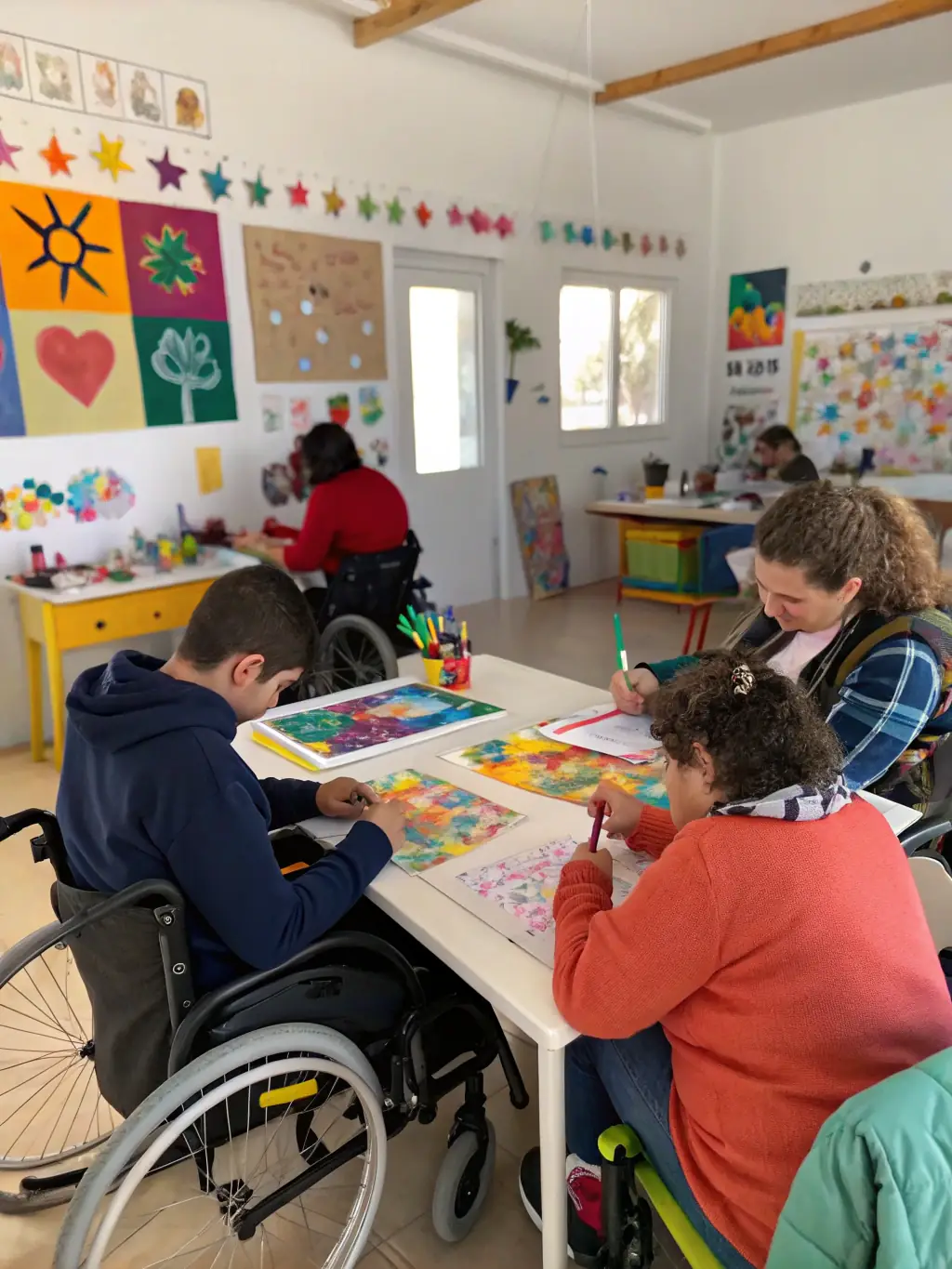 A photograph depicting a group of adults with intellectual disabilities participating in an art therapy session, showcasing creativity and self-expression.