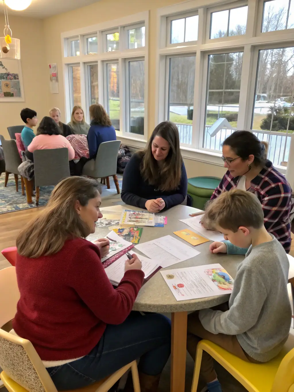 A photograph of a support group meeting, where individuals and families share experiences and receive guidance from trained professionals.
