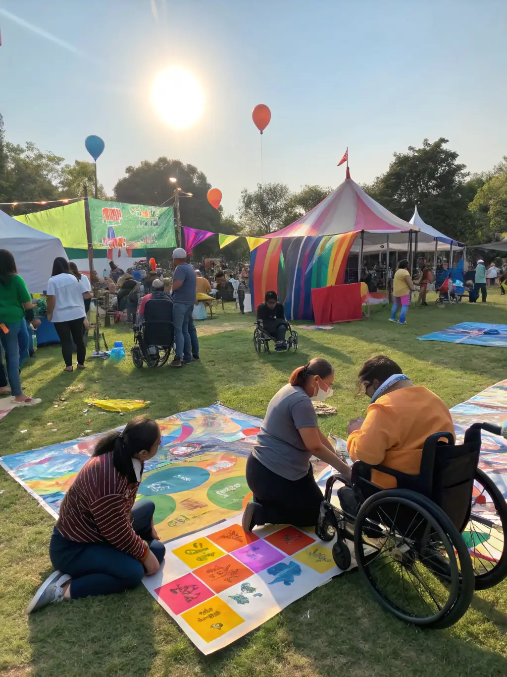 A picture of a group of individuals with disabilities enjoying a recreational outing in a local park, emphasizing community integration and social interaction.