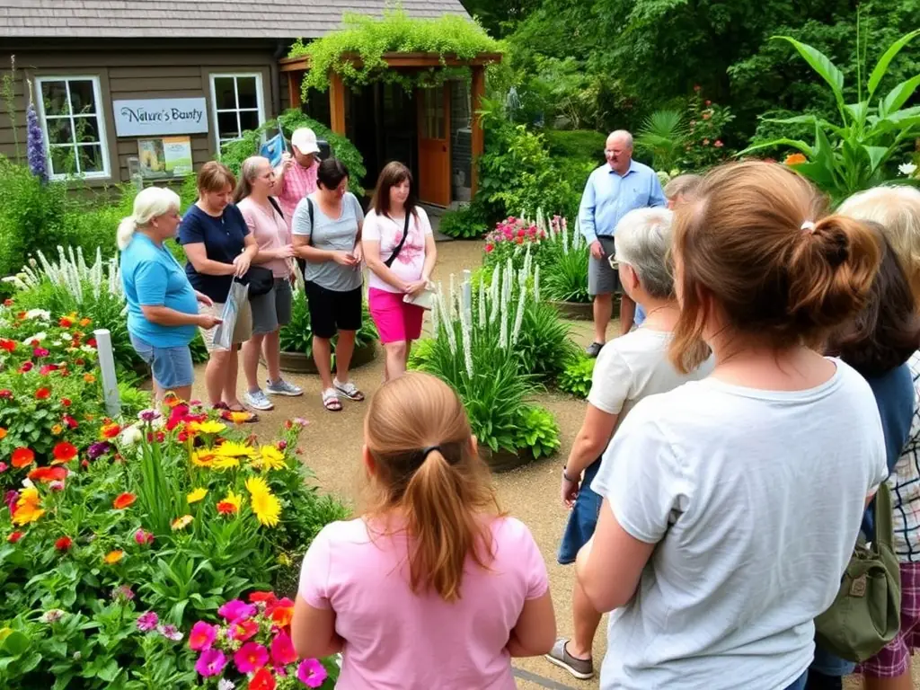A group of visitors listening to a guide amidst lush native plants in the Jardin du Réal botanical garden, focusing on the educational aspect of the tour.