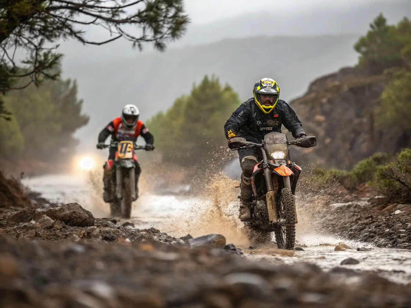 A dynamic image of enduro riders navigating a challenging course during a regional competition organized by Moto Club Boussaquin, showcasing the intensity and skill involved in enduro racing.