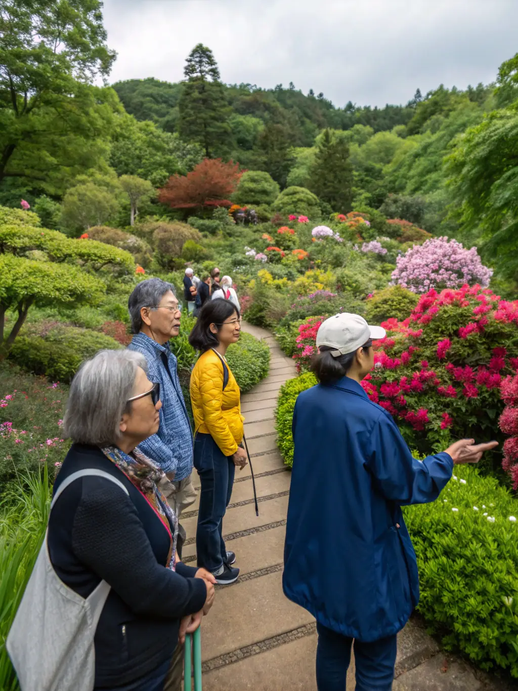 A photograph of a group of visitors on a guided tour through the Jardin du Real, led by a knowledgeable guide pointing out various plants and explaining their uses.