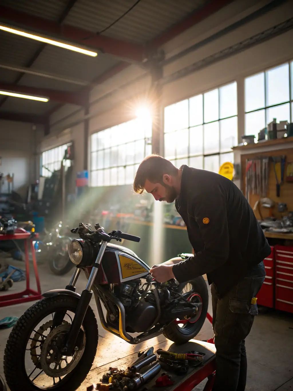 An image of participants actively engaged in a hands-on workshop, learning about motorcycle maintenance and repair, highlighting the club's educational offerings.