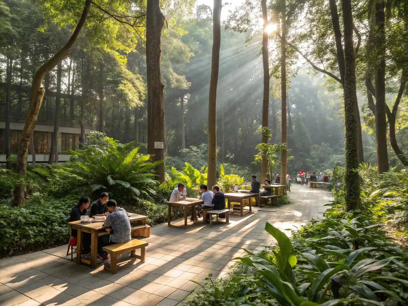 A classroom setting in the Jardin du Réal botanical garden, where an instructor is teaching about plant conservation to a group of students.