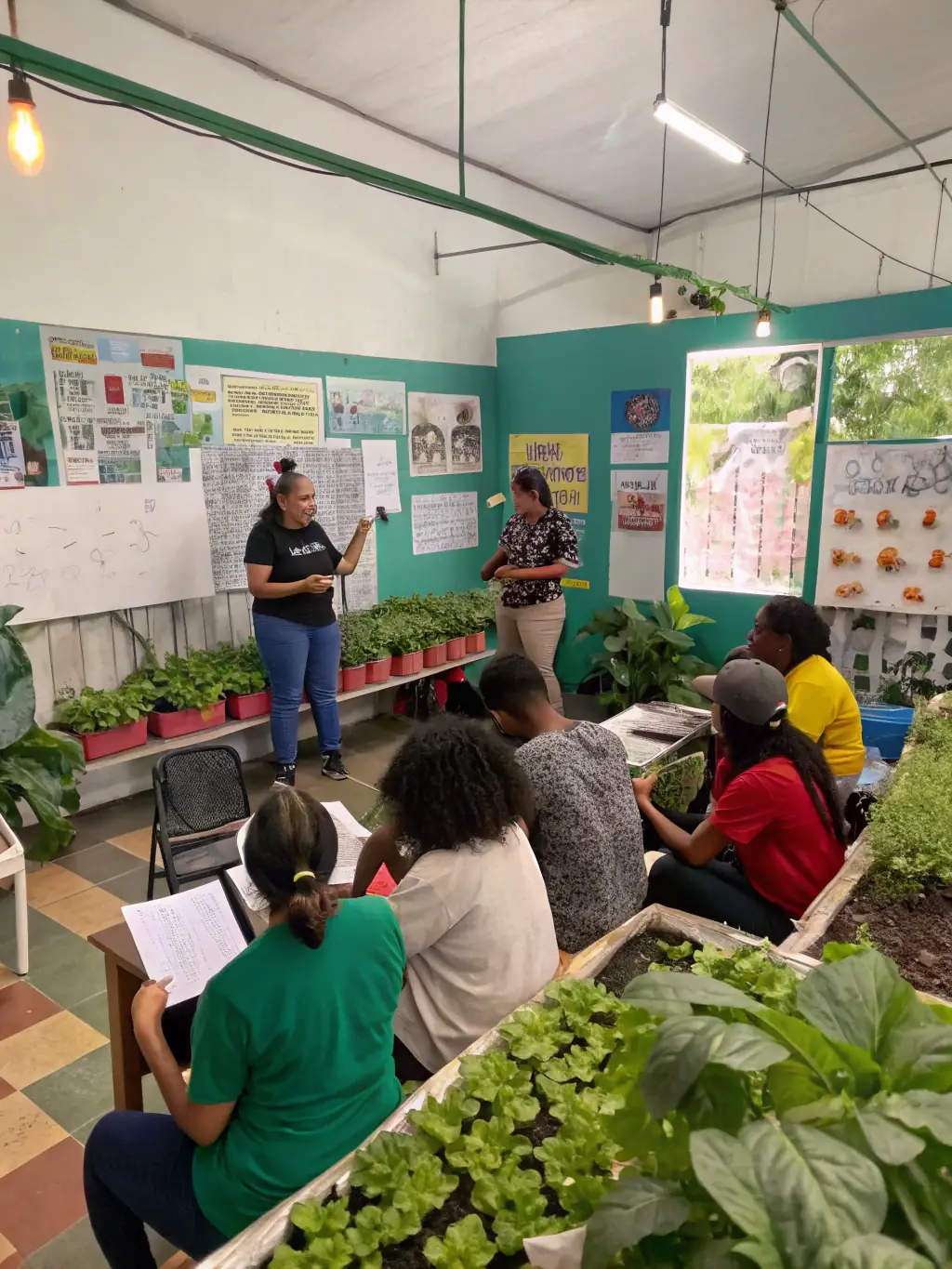 A vibrant image of participants engaged in a hands-on educational workshop at Jardin du Real, learning about plant propagation techniques.