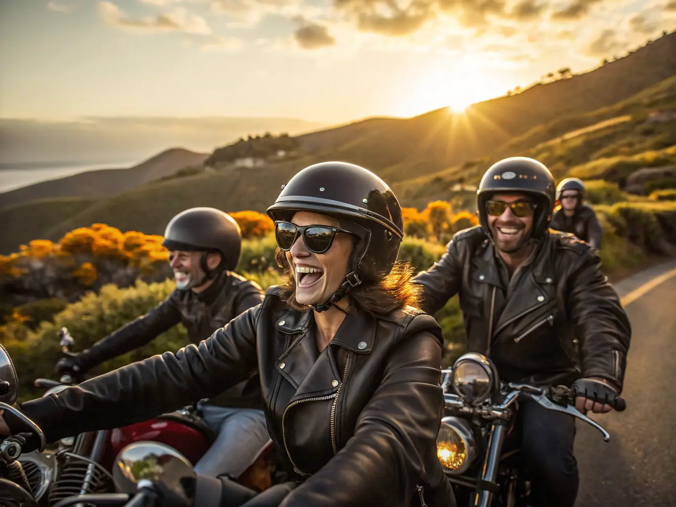 A scenic shot of club members enjoying a leisurely ride through the picturesque countryside, highlighting the social and recreational aspects of Moto Club Boussaquin.